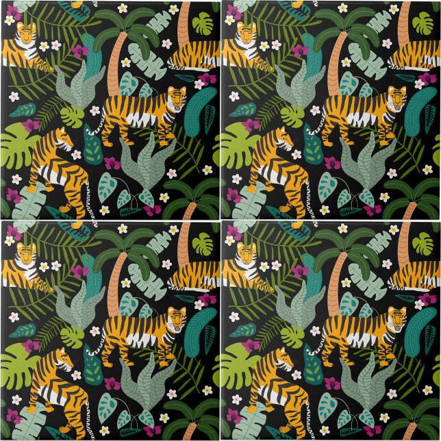 Tropical Tiger Black Botanical Jungle Safari Cats Kakelplatta (Tropical Tiger Black Botanical Jungle Safari Cats Ceramic Tile)