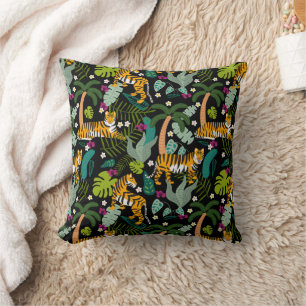 Tropical Tiger Black Botanical Jungle Safari Cats Kudde