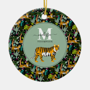 Tropical Tiger Black Botanical Jungle Safari Namn Julgransprydnad Keramik