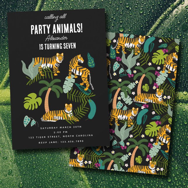 Tropical Tiger Black Jungle Safari Barns födelseda Inbjudningar (Tropical Tiger Black Jungle Safari Kids Birthday Invitation)