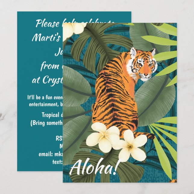 Tropical Tiger Hawaiian Handflatan Jungle Teal Inbjudningar (Fram/baksida)