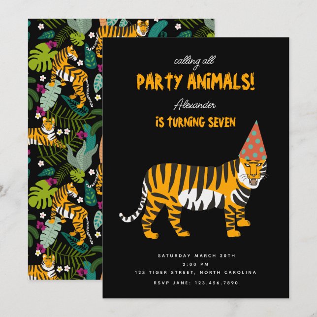 Tropical Tiger Jungle Kids Party Animals Birthday Inbjudningar (Fram/baksida)