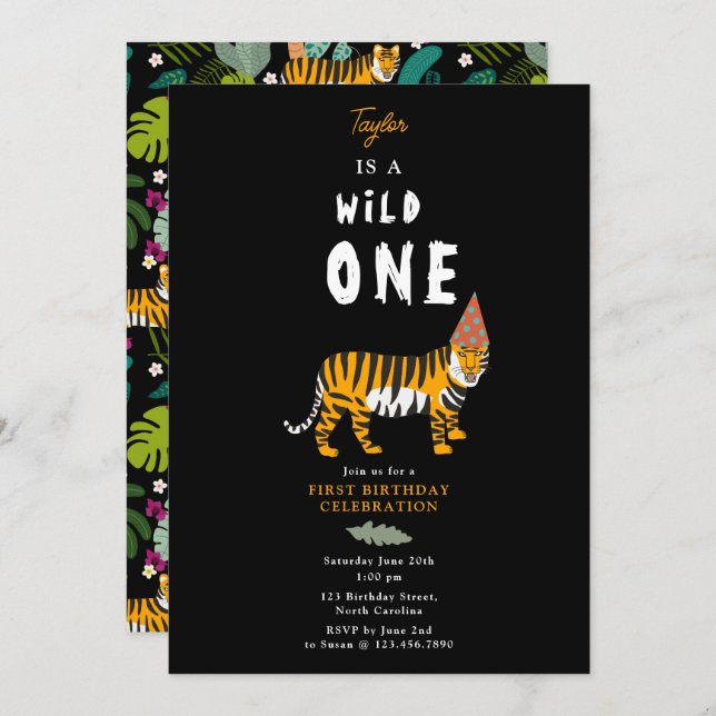 Tropical Tiger Jungle Safari Kids första födelseda Inbjudningar (Fram/baksida)