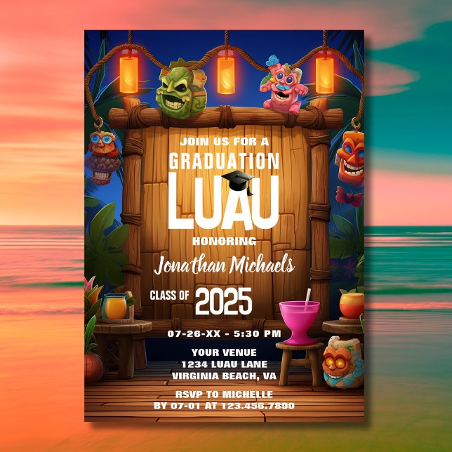 Tropical Tiki Hawaiian Island Luau Studenten Inbjudningar (Front - Tropical Tiki Hawaiian Luau Photo Graduation Invitation)