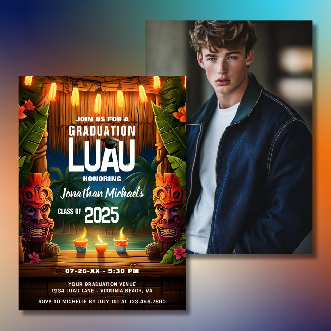 Tropical Tiki Hawaiian Luau Studenten Photo Inbjudningar (Tropical Tiki Hawaiian Luau Graduation Photo Invitation)