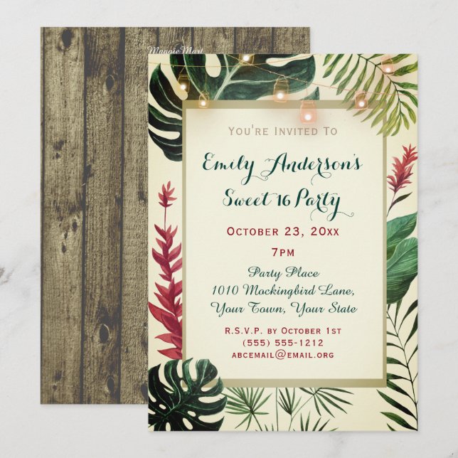 Tropical Tiki med Ljus Sweet 16 Birthday Inbjudningar (Fram/baksida)