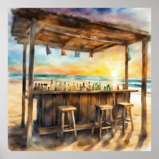 Tropical Tiki Pub vid Sunset - Watercolor Vibe Poster