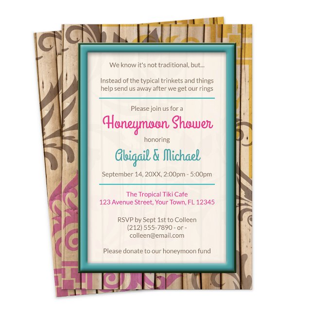 Tropical Tiki Wood Honeymoon Shower-inbjudningar Inbjudningar (Tropical Tiki Wood Honeymoon Shower Invitations from Starzraven on Zazzle. )
