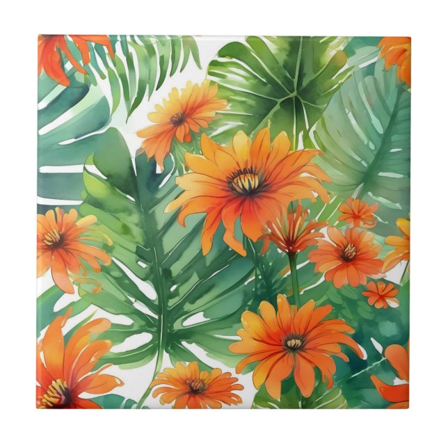 Tropical Tithonia Vibrant Watercolor Kakelplatta (Framsidan)