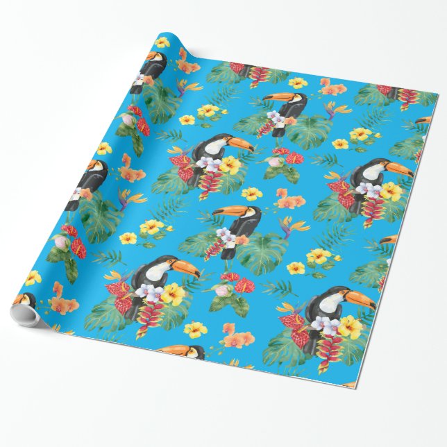 Tropical Toucan and Flowers Presentpapper (Utrullad)