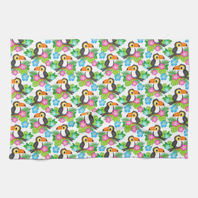 Tropical Toucan och Blommönster under sommaren Kökshandduk (Horisontell)