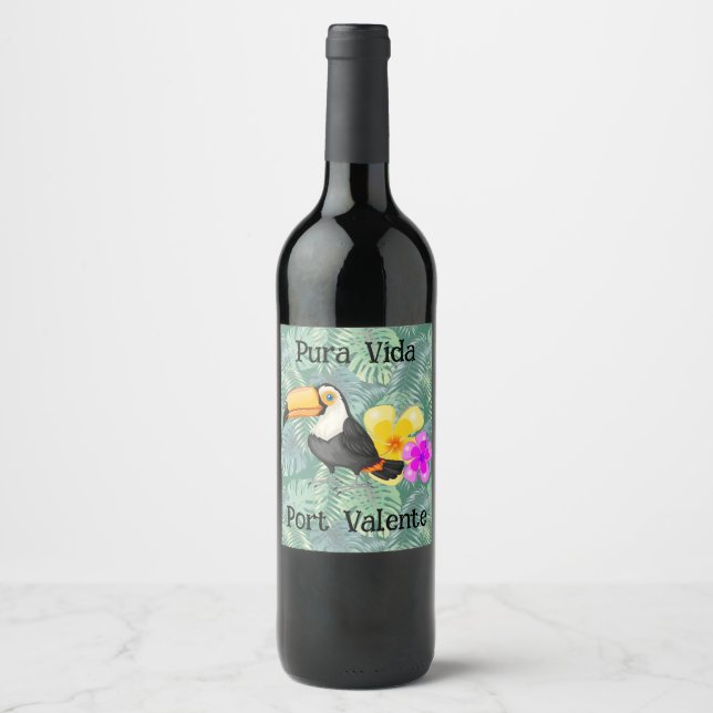 Tropical Toucan Pura Vida Vin-etikett Vinflaska Etikett (Framsida)