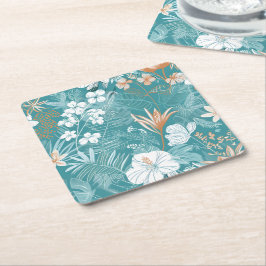 Tropical Turquoise & Terracotta Hibiscus Floral  Underlägg Papper Kvadrat