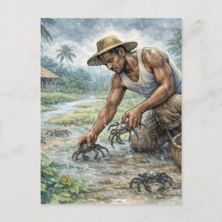 Tropical Village Life: Man Catching Crabs in Rain Vykort