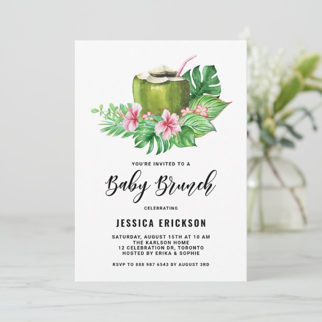 Tropical Watercolor Coconut Summer Baby Brunch Inbjudningar (Stående Fram)