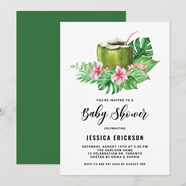 Tropical Watercolor Coconut Summer Baby Shower Inbjudningar (Fram/baksida)