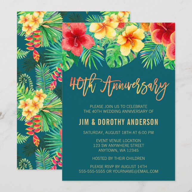 Tropical Watercolor Flower 40th Anniversary Inbjudningar (Fram/baksida)