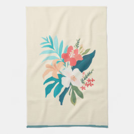 Tropical Watercolor Flowers in Coral & Teal Kökshandduk