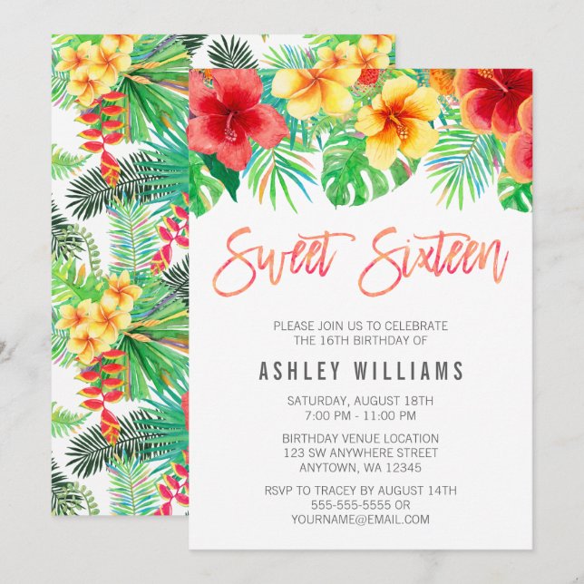 Tropical Watercolor Flowers Sweet 16 Inbjudningar (Fram/baksida)