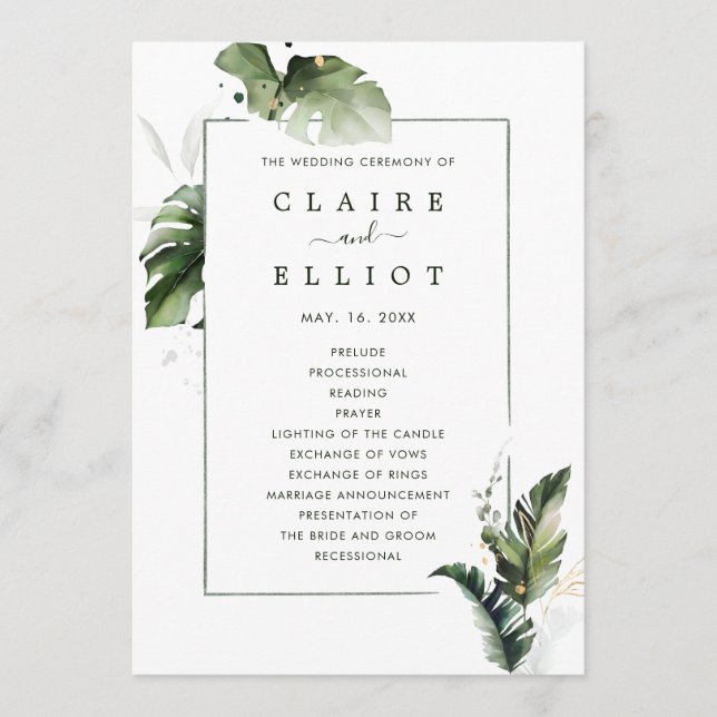 Tropical Watercolor Foliage Bröllop Ceremony Program (Framsida)