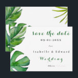 Tropical Watercolor Green Leaves Custom Spara Datumet<br><div class="desc">This elegant tropical design features lush green watercolor leaves framing a clean and modern layout. The fresh botanical elements, including palm and monstera-inspired foliage, create a natural and sophisticated look perfect for destination weddings, beach ceremonies, or garden celebrations. With its minimalist style and vibrant greenery, this design brings a refreshing,...</div>