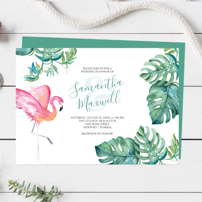 Tropical Watercolor Greenery Bröllop (Florida destination wedding invitations watercolor pink flamingo & palm leaf Victoria  Grigaliunas)