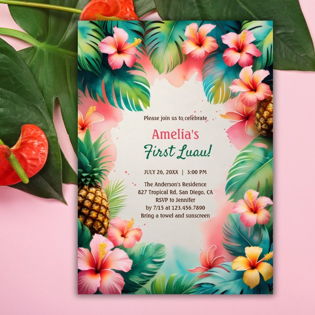 Tropical Watercolor Hawaiian First Luau Birthday Inbjudningar (First Luau Birthday Invitation – Tropical Hawaiian Party for Baby Girl Invitation)