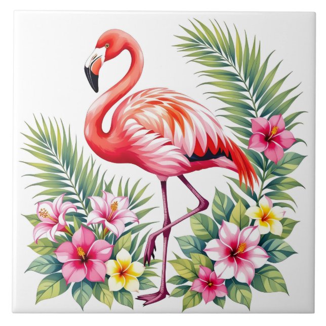 Tropical Watercolor Pink Flamingo Floral Hawaiian Kakelplatta (Framsidan)