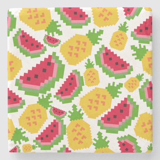 Tropical Watermelon and Pineapple Pixel Pattern Stenunderlägg (Framsidan)