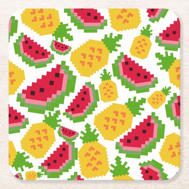 Tropical Watermelon and Pineapple Pixel Pattern Underlägg Papper Kvadrat (Framsidan)