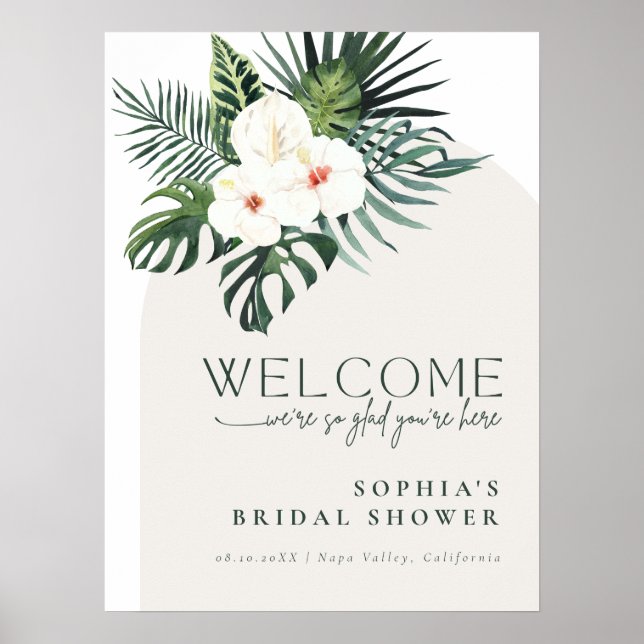 Tropical White Floral Arch Bridal Shower Welcome Poster (Framsidan)