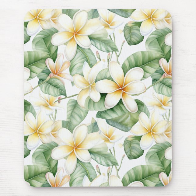 Tropical White Frangipani Flower Patterned Desk Musmatta (Framsidan)