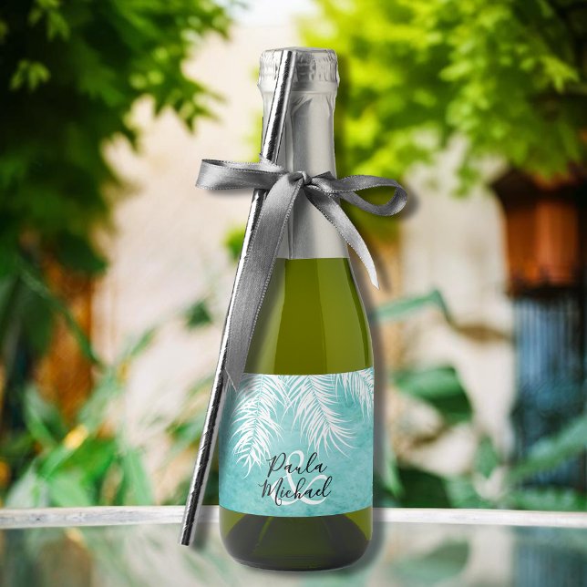 Tropical White Handflatan Fronts on Turquise Mini (White palm tree fronds on turquoise mini sparkling wine labels personalized for your wedding)