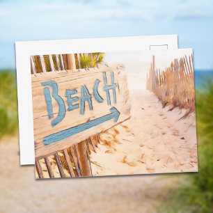 Tropical Wood Beach Sign Vykort