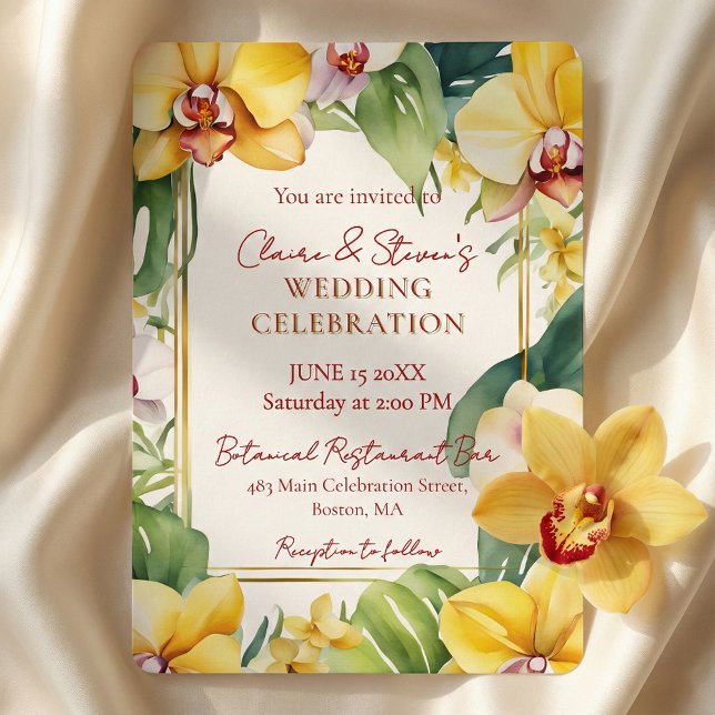 Tropical Yellow Orchid and Greenery Gold Wedding Inbjudningar (Skapare uppladdad)