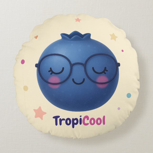 TropiCool Blueberry - Round Kawaii Fruit Rund Kudde (Framsidan)