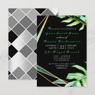 Tropik Aqua Black White FrameGreen Birthday Möhipp Inbjudningar