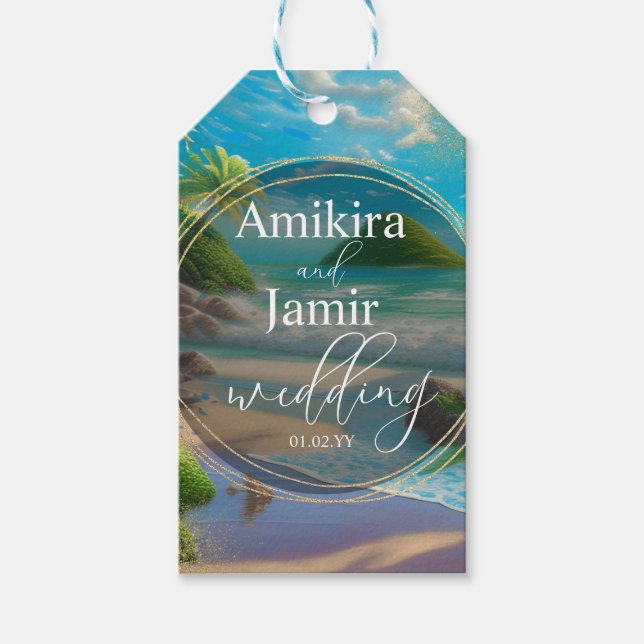 Tropik Beach Background Faux Glitter Bröllop Presentetikett (Framsidan)