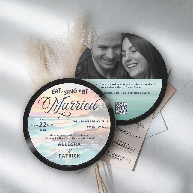Tropik Beach Music Vinyl All One Photo QR Bröllop Inbjudningar (music theme wedding invitation rock vinyl record tropical beach photo qr code all one)