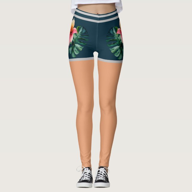 Tropik Kort Rosa Flowers Fake Bare Ben Rand Leggings (Framsida)