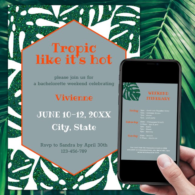 Tropik som Hett Tropical Bachelorette Helg Inbjudningar (Tropic like it's hot tropical bachelorette party invitation glitter monstera green and orange)