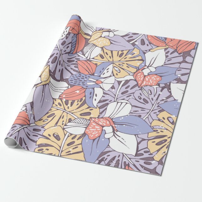 Tropik sömlös mönster med orkidé och monstera l presentpapper (Utrullad)