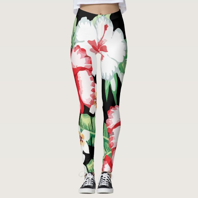 Tropik SommarBlommigt Hibiscus Plumeria Leggings (Framsida)