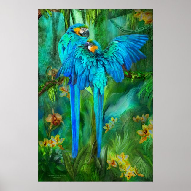 Tropik Spirits - Guld och Blue Macaws Art Poster (Framsidan)