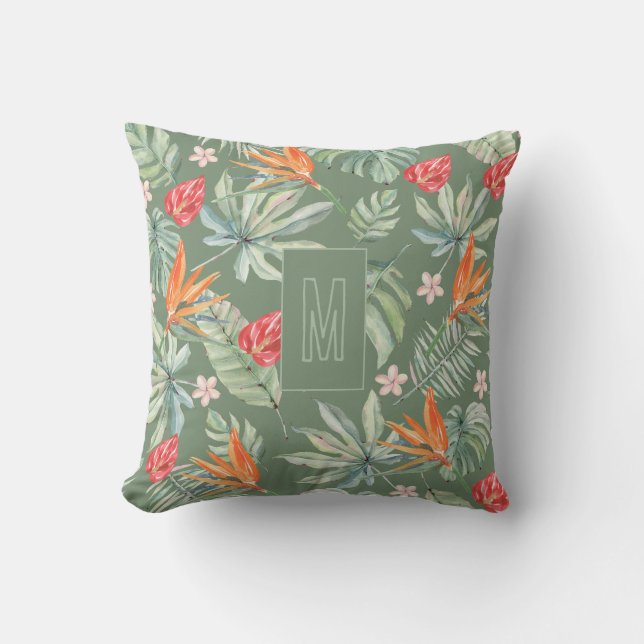 Tropikar Flower Foliage Fantasy med Monogram Kudde (Framsida)