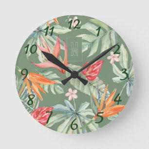 Tropikar Flower Foliage Fantasy med Monogram Rund Klocka