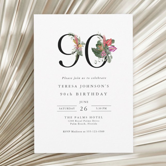 Tropisk 90:e födelsedag med enkel Elegant Inbjudningar (Available in both printed and instant download digital formats.)