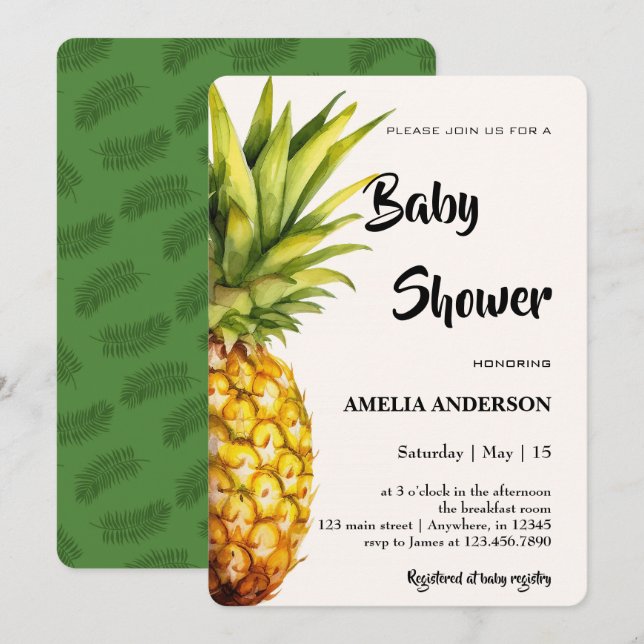 Tropisk Akvarell Ananas Baby Shower Inbjudningar (Fram/baksida)