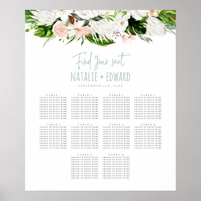 Tropisk akvarell blommande bröllops sittplan poster (Framsidan)