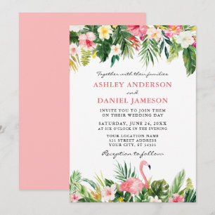 Tropisk akvarell blomster flamingo bröllop rosa inbjudningar